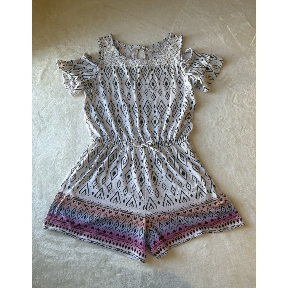 Mudd Girls XL (14/16) Geometric Cold Shoulder Romper White Black Pink Lace Trim